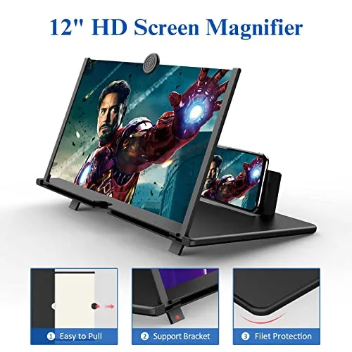 12" Screen Magnifier for Cell Phone -3D HD Magnifying Projector Screen Enlarger for Movies, Videos and Gaming - Foldable Phone Stand Holder with Screen Amplifier-Compatible with All Smartphones