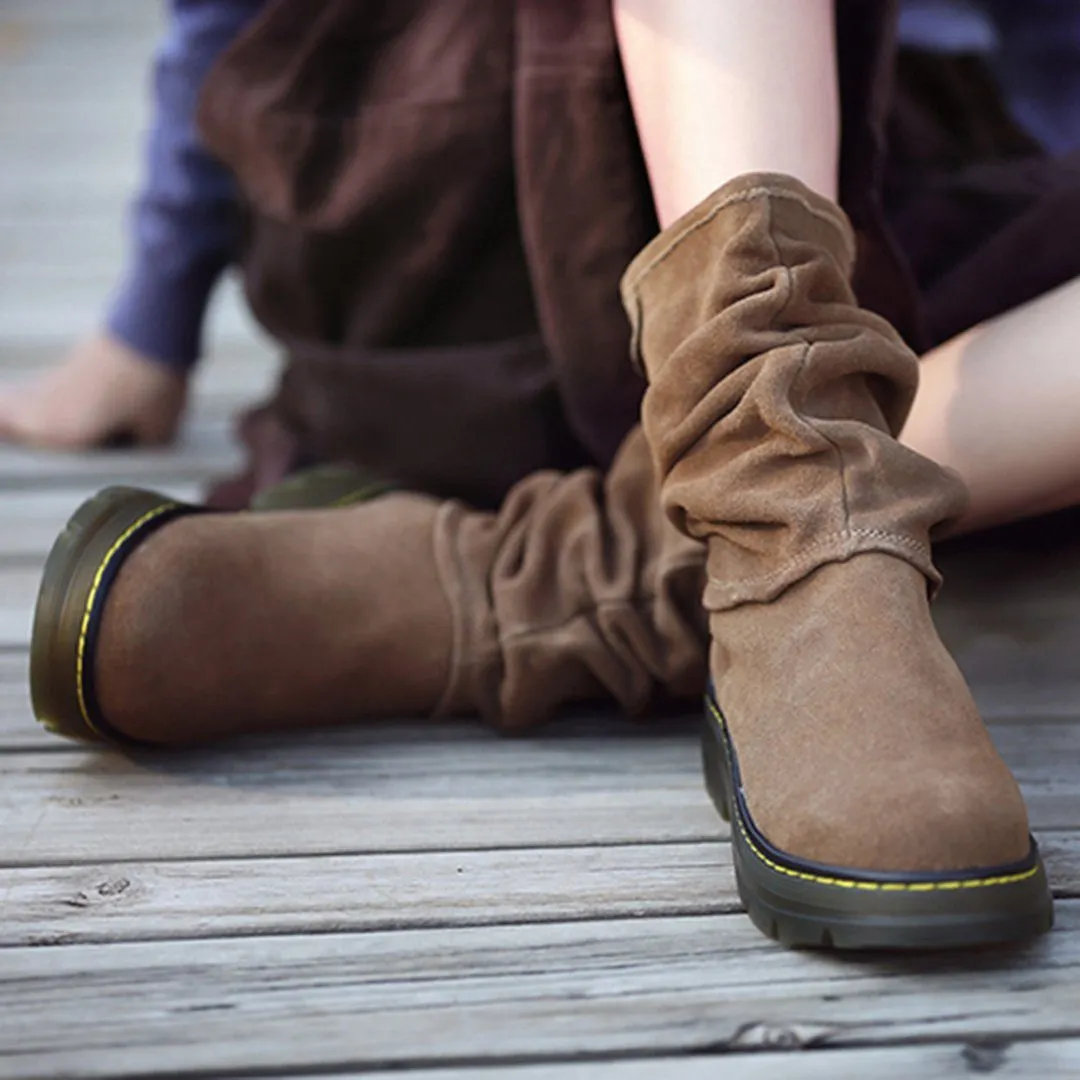 Babakud Women Autumn Suede Leather Ruched Martin Comfy Boots