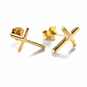 Cross stud earring with pink gold plating