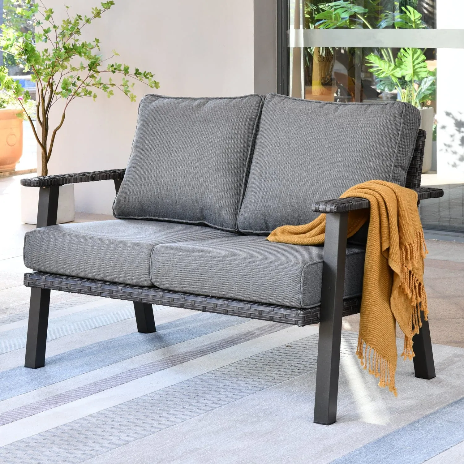 Ovios Patio Bistro Set Loveseat with 5'' Cushion, Olefin Fabric