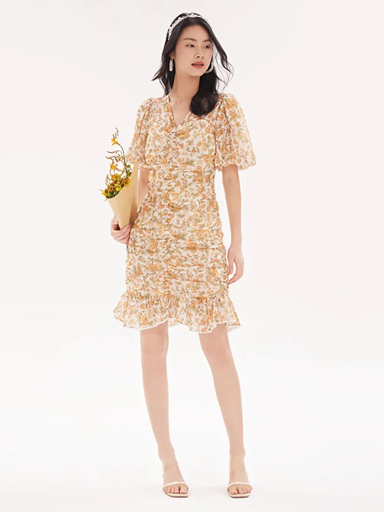 Ruched V-Neck Puff Sleeve Floral Mini Dress