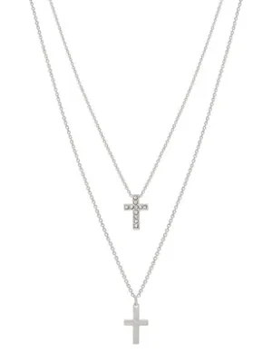 Silver Two Layer Rhinestone and Silver Cross Necklace