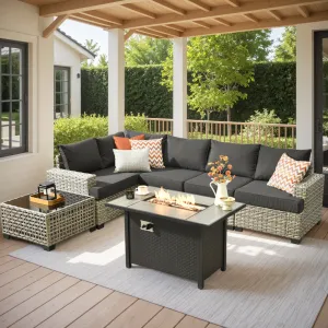 TBS Series - Sectional Patio Furniture Set 7-Piece include Fire Pit Table